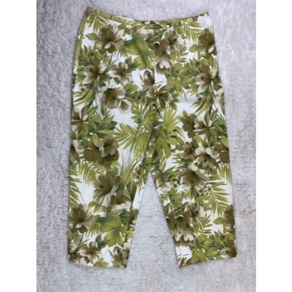Eric Casual Size 12 Womens Crop Capri Pants Green Floral High Rise Side Zip